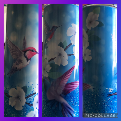 20 oz Skinny Tumbler Glitter Flower Hummingbirds