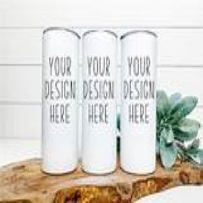 Image of white 20 ounce skinny tumbler with image your design here